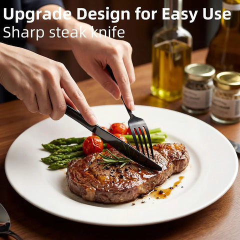 Person using black fork and knife from 4 Piece Stainless Steel Travel Utensils Set With Case to cut steak on plate.