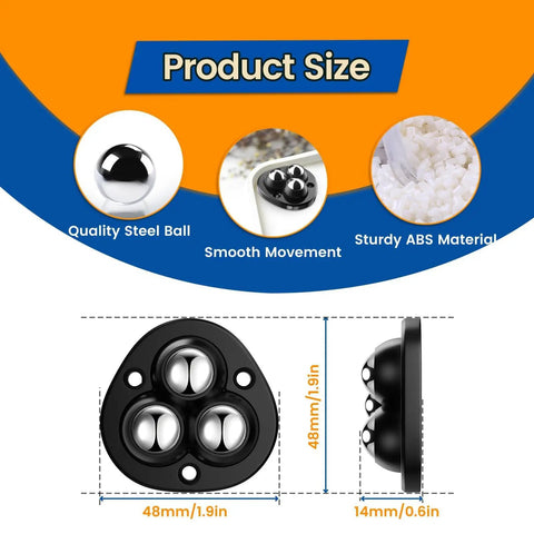 Self Adhesive Caster Wheels For Appliances 360 Degree Swivel Sliders With Slick Glide Smooth Rolling Appliance Rollers For Kitchen Countertop Coffee Makers And Air Fryers 8 Pack Black showing dimensions and materials.