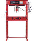 Heavy Duty 50 Ton Air Hydraulic Shop Press With Auto Pump Motor And Sliding Offset Head, red steel construction, front view.