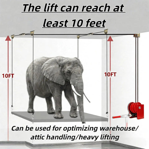 Beefed Up Heavy Duty Ceiling Mounted Garage Storage Lift System With 300 Lb Capacity, lifting a large object to 10 feet