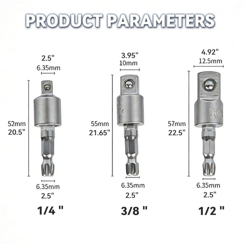 360 Degree Rotating Power Drill Bit Extension Set With One Quarter Inch Three Eighths And One Half Inch Socket Adapters Impact Grade