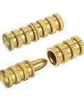Premium Zinc Alloy Table Leaf Dowel Pins With Golden Bolt Sleeve Connectors For Furniture Desk Alignment close-up of three golden pins