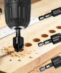 Image of a power drill with Five Flute Countersink Drill Bit Set For Wood And Plastic, Precision Chamfer Bits 12-19mm, showing various sizes