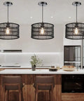 Boho Rattan Chandelier Pendant Light For Dining Room And Kitchen Island, Handwoven Natural Burmese Rattan Ceiling Fixture In Black, 12.4 Inch Wicker Pendant, Cast Warm 360 Degree Shadows over modern kitchen island