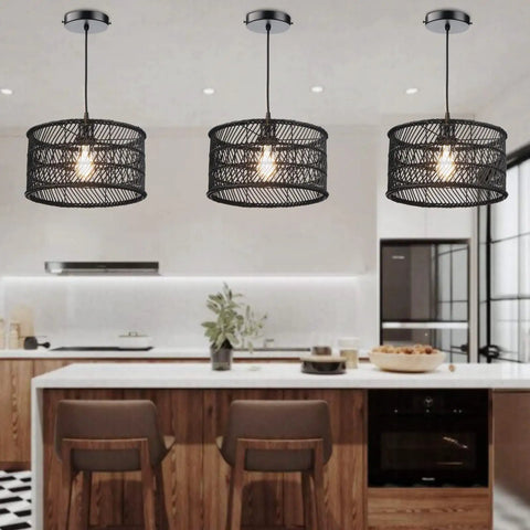 Boho Rattan Chandelier Pendant Light For Dining Room And Kitchen Island, Handwoven Natural Burmese Rattan Ceiling Fixture In Black, 12.4 Inch Wicker Pendant, Cast Warm 360 Degree Shadows over modern kitchen island