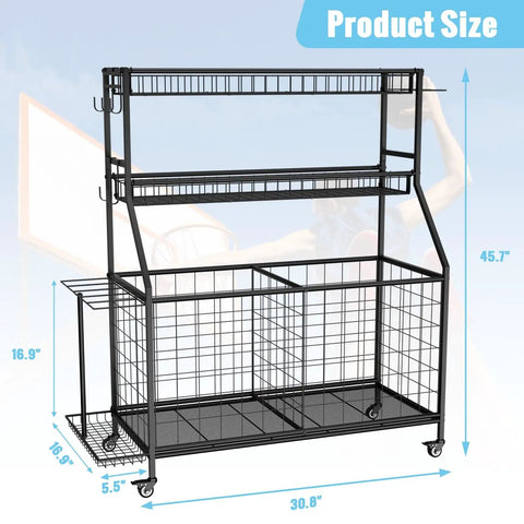 Heavy Duty Sports Equipment Garage Organizer With Ball Storage Rack Basket Hooks And Rolling Cart For Sports Gear And Toy Storage Indoor Outdoor Use Black with dimensions