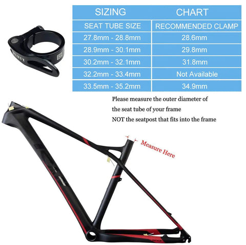 Lightweight Aluminum Bicycle Quick Release Seat Post Clamp 28.6mm 31.8mm 34.9mm Hollow Design sizing chart and frame.