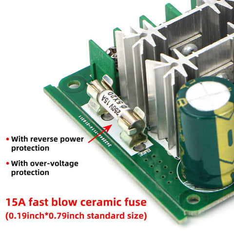 PWM DC Brushed Motor Speed Controller 6V-90V, 8A Continuous Current with fast blow ceramic fuse and reverse polarity protection