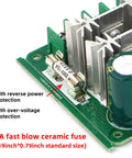 Close-up of 15A fuse and capacitor on High Current PWM DC Brushed Motor Speed Controller 6V To 90V with 15A Peak 0 to 5V Analog PLC Control.