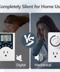 Digital vs mechanical comparison of plug in timer with infinite repeat cycles and countdown 24 hour daily on off programs for outlets.