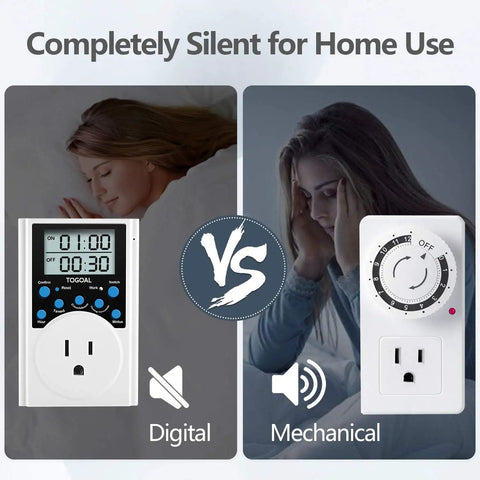 Digital vs mechanical comparison of plug in timer with infinite repeat cycles and countdown 24 hour daily on off programs for outlets.