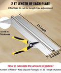 Diagram of 2 ft aluminum PEX radiant floor heat transfer plates, thickness 0.016 in, with snips for length adjustment.