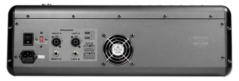 Back panel of 6000W Peak 14-Channel Powered Mixer With USB Bluetooth, showing speaker connections and cooling fan.