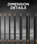 Front view of seven black heat shrink tubes in diameters 2.4–19.1mm and lengths 1–4.5m, with orange size labels.