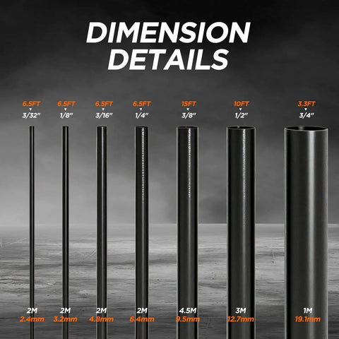 Dimensions of Five To One Heat Shrink Tubing Roll Kit With Adhesive Lined Dual Wall 7 Diameters 54 Feet Total Marine Grade Waterproof