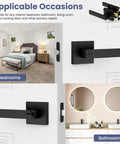 Six Pack Matte Black Interior Door Handles Set With Keyless Privacy Levers, shown in bedroom and bathroom settings.
