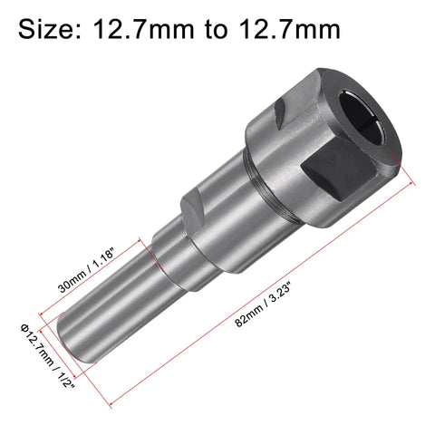 Beefy Heavy Duty Router Collet Extension Rod Converter One Half Inch To One Half Shank Adapter For Extended Cut Reach And Smooth Depth Adjustments Black Oxide Finish, steel tool with size markings.