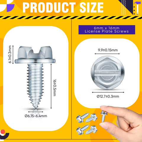 Diagram of 100 Pack License Plate Screws 6mm By 16mm Slotted Hex Head Bolts with measurements and close-up view