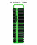 Front view of green 3/8 Inch Drive Magnetic Socket Organizer Tray Holds Up To 28 Sockets, Deep Tray With Secure Magnetic Grip For Toolbox.