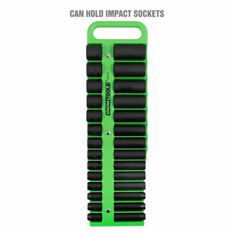 Front view of green 3/8 Inch Drive Magnetic Socket Organizer Tray Holds Up To 28 Sockets, Deep Tray With Secure Magnetic Grip For Toolbox.