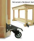 Heavy Duty Retractable Workbench Caster Kit Set Of Four With Hella Sturdy Side Mounting Brackets And Rock Solid 300 Kilogram Capacity For Ultra Smooth Table Rolling Upgrades on a wooden workbench.