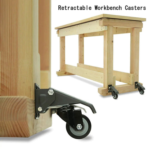 Heavy Duty Retractable Workbench Caster Kit Set Of Four With Hella Sturdy Side Mounting Brackets And Rock Solid 300 Kilogram Capacity For Ultra Smooth Table Rolling Upgrades on a wooden workbench.