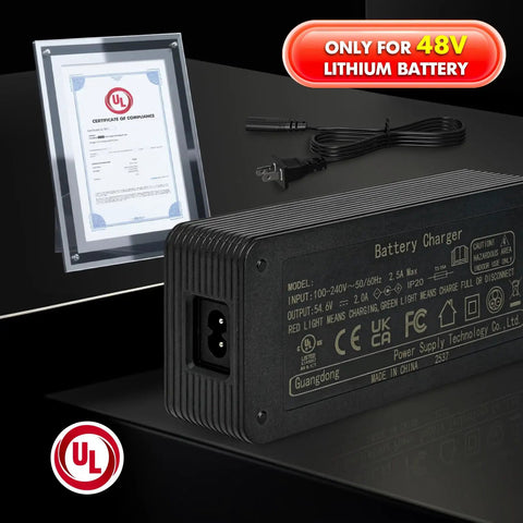 UL Certified 54.6V 2.5A Ebike Charger For 48V Lithium Battery With 110-240V Input And Six In One Universal Connectors DC 2.1mm DC 2.5mm RCA 8mm 3-P 8mm 3-P 12mm XLR
