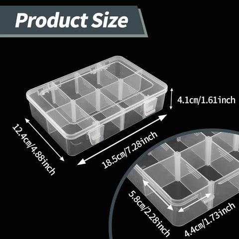 Eight Grid Plastic Storage Box With Detachable Dividers, clear hard case, measures 7.28 by 4.88 by 1.6 inches, product size display.