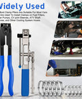CV Joint Boot Clamp Pliers With Ratchet Adjust For Cars UTV ATV Repair, Heavy Duty Ear Type Clamp Crimping And Removal Tool, Telescopic Ratcheting Pliers With 18 Tooth Mechanism, Durable Automotive Clamp Tool For Easy Install, shown with hose clamps