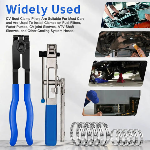CV Joint Boot Clamp Pliers With Ratchet Adjust For Cars UTV ATV Repair, Heavy Duty Ear Type Clamp Crimping And Removal Tool, Telescopic Ratcheting Pliers With 18 Tooth Mechanism, Durable Automotive Clamp Tool For Easy Install, shown with hose clamps