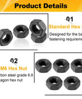 Badass M6 Hex Nuts 100 Piece Set Premium Carbon Steel Black Oxide Coating, showing standard and M6 hex nuts.