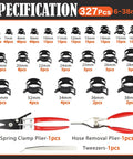 327 Piece Spring Hose Clamp Assortment Kit With Pliers And Tweezers For Fuel Line Vacuum Silicone Air Hoses 6 To 38mm Carbon Steel Heavy Duty Fixin, sizes 6-38mm