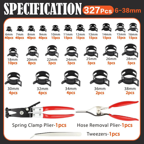 327 Piece Spring Hose Clamp Assortment Kit With Pliers And Tweezers For Fuel Line Vacuum Silicone Air Hoses 6 To 38mm Carbon Steel Heavy Duty Fixin, sizes 6-38mm