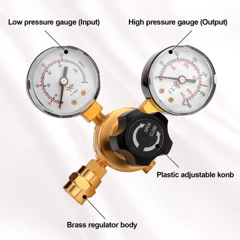 Front view of brass welding gas regulator with dual gauges and a black open/close knob for Argon/CO2 MIG/TIG welding.