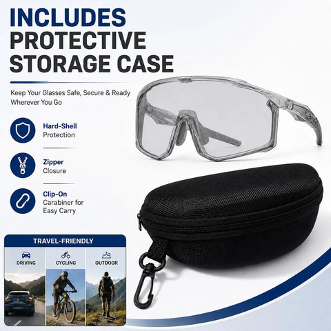Kick Everyday Glare To The Curb With These Ultra Light Photochromic Polarized Safety Glasses Featuring Rapid Lens Tinting with hard-shell case.