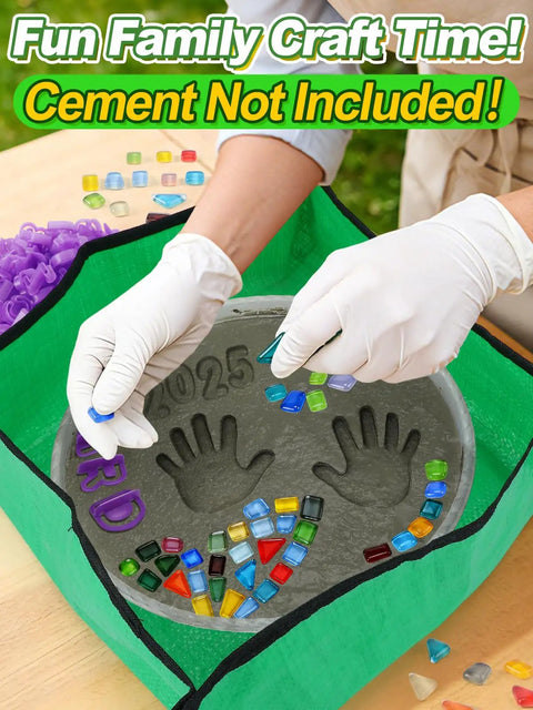 Hands crafting with Make Your Own Outdoor Stepping Stones Kit With 3 Sets Of 10 Inch Molds, Mosaic Tiles, Letter and Number Stamps