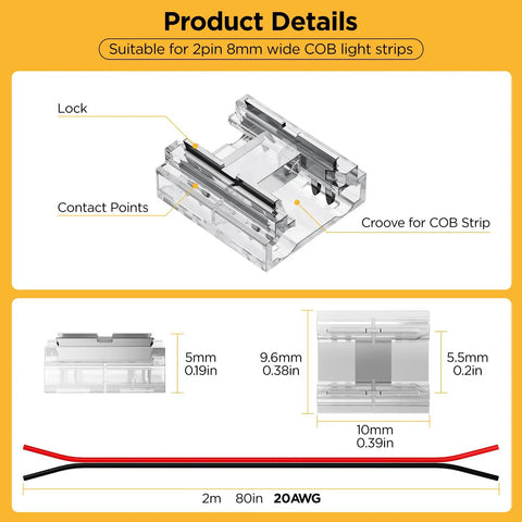 20 Pack Dope COB LED Connector 0.31in 8mm 2 Pin Transparent, 6.6ft 20AWG Extension Wires For Gapless Solderless PWM Single-Color LED Strip, Easy Press-Fit, Clear Housing, Stable Contact, Ideal For Accent Lighting. Transparent 8mm COB strip connector with 20AWG wires, lock and contact points