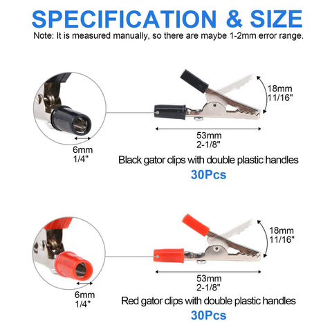 Specification of 60 Piece 53mm Insulated Alligator Clip Kit Red Black Electrical Test Clips With Plastic Handles