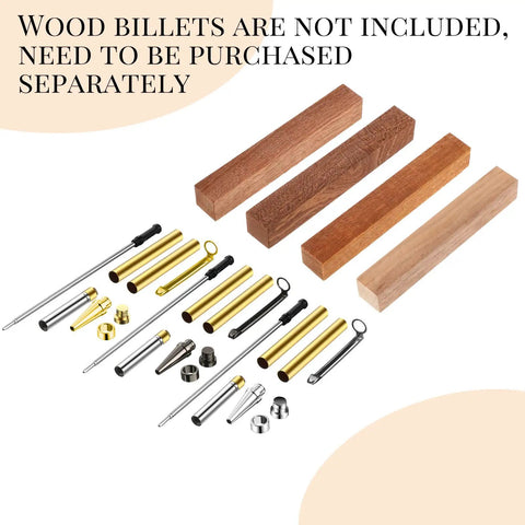 Slimline Pen Kit Set 30 Wood Turning Twist Pen Kits With Refills showing pen components and wood billets