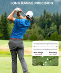 Golfer swinging club with Golf Rangefinder With Slope, 1200-Yard Laser, 7X Magnification, overlay showing distance precision.