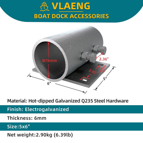 Heavy Duty Dock Pipe Leg Holder For Floating Docks With A 3 Inch Inner Diameter Side Leg Sleeve Six By Five Multi Anchoring Leg Holder With Half Inch Holes 6mm Thick Galvanized Steel No Carriage Bolts Included showing dimensions and material.