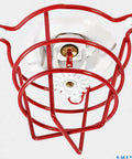 No Fluff Two Pack White Fire Sprinkler Trim Rings Delivering A Slick Recessed Profile For Crisp Ceiling Integration Solid 1/2 Inch Escutcheon Plates Engineered For Real World Residential Or Commercial Jobsite Demands Durable Hardware That Actually Works, featuring a red protective cage around a fire sprinkler head.