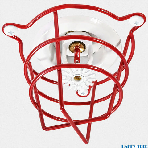 No Fluff Two Pack White Fire Sprinkler Trim Rings Delivering A Slick Recessed Profile For Crisp Ceiling Integration Solid 1/2 Inch Escutcheon Plates Engineered For Real World Residential Or Commercial Jobsite Demands Durable Hardware That Actually Works, featuring a red protective cage around a fire sprinkler head.
