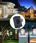 Outdoor No Fuss Dusk To Dawn Light Sensor Switch with Auto On Off 5A Photoelectric Control, shown with lit exterior and garden lights