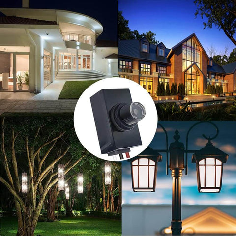 Outdoor No Fuss Dusk To Dawn Light Sensor Switch with Auto On Off 5A Photoelectric Control, shown with lit exterior and garden lights