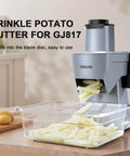 Front view of TERUISI electric vegetable chopper with crinkle potato blade accessory and clear collection tray.
