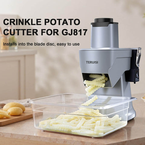 Front view of TERUISI electric vegetable chopper with crinkle potato blade accessory and clear collection tray.