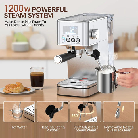 Premium Espresso Maker With Solid 20 Bar Pump And Quick Milk Frother For Silky Lattes Or Cold Brew Featuring Compact Stainless Steel Housing, displaying steam system and milk frother.