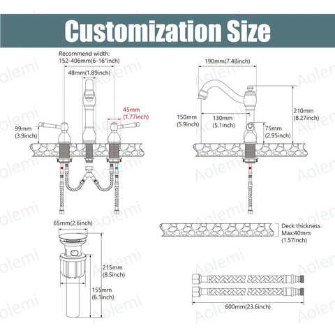 8 Inch Widespread Bathroom Sink Faucet With 3 Hole Deck Mount Vanity Mixer Tap Pop Up Drain Antique Brass Double Lever Handle All Metal Brass Construction Rustproof And Easy To Install. Size diagram with measurements and installation details.
