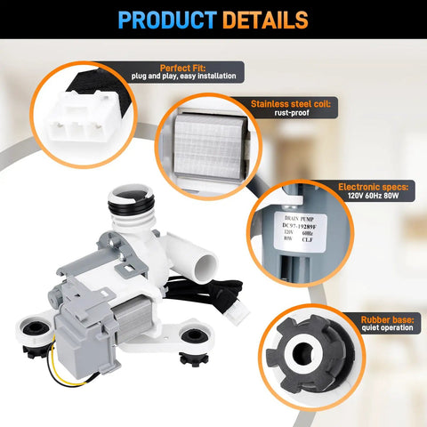 Heavy Duty Washer Drain Pump Assembly Built For Fast No Sweat Repairs On Household Machines with stainless steel coil and plug.